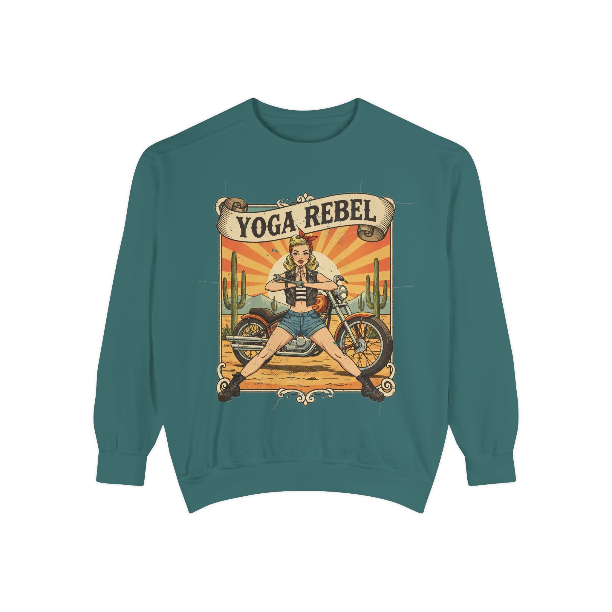 Yoga Rebel Retro Sweatshirt – Vintage Biker Girl Motorcycle Graphic Pullover
