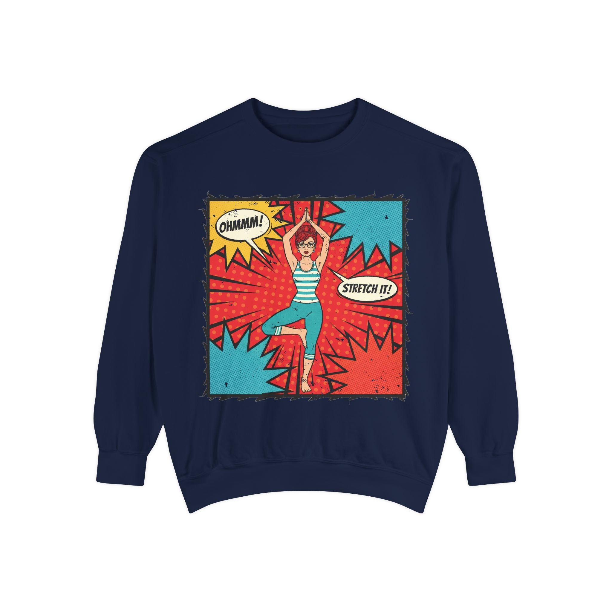 Retro Comic Yoga Sweatshirt – Pop Art Tree Pose "Stretch It!" Vintage Pullover