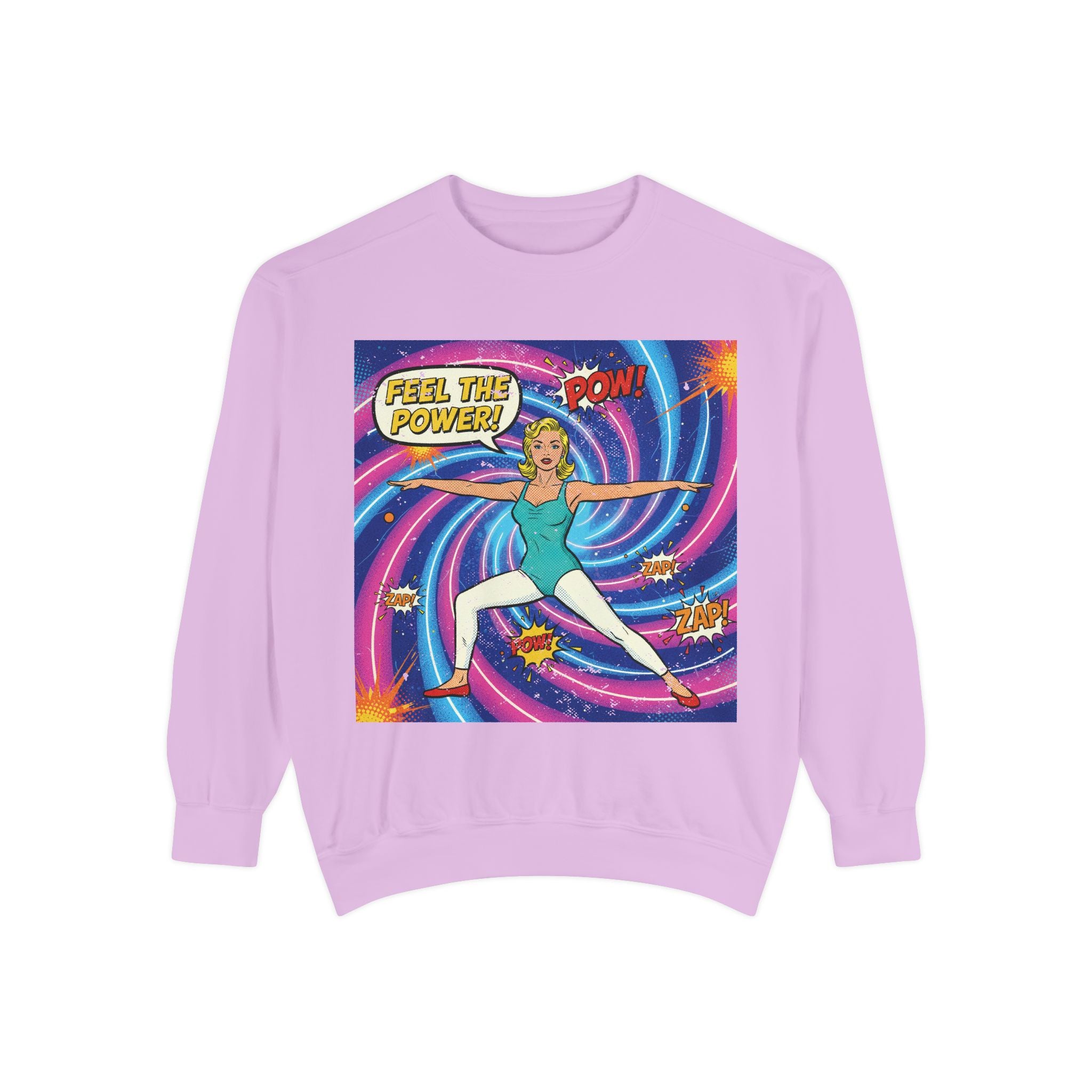 Retro Comic Yoga Sweatshirt – Vintage Pop Art Warrior Pose "Feel The Power" Pullover