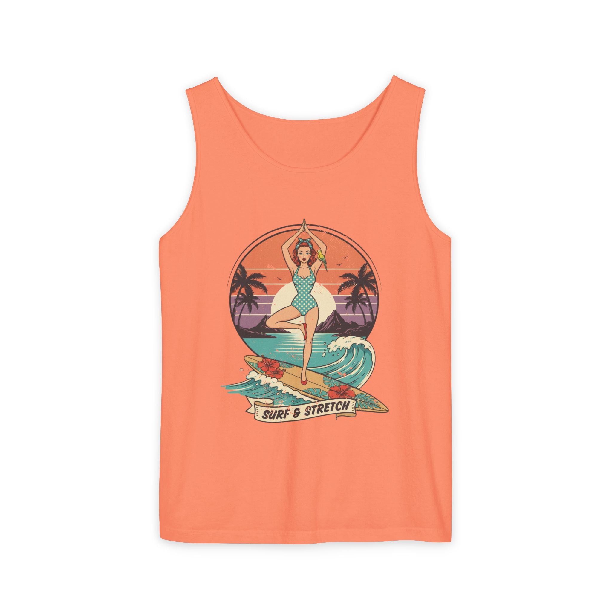 Surf & Stretch Retro Tank Top – Vintage Tropical Beach Yoga Graphic Tee