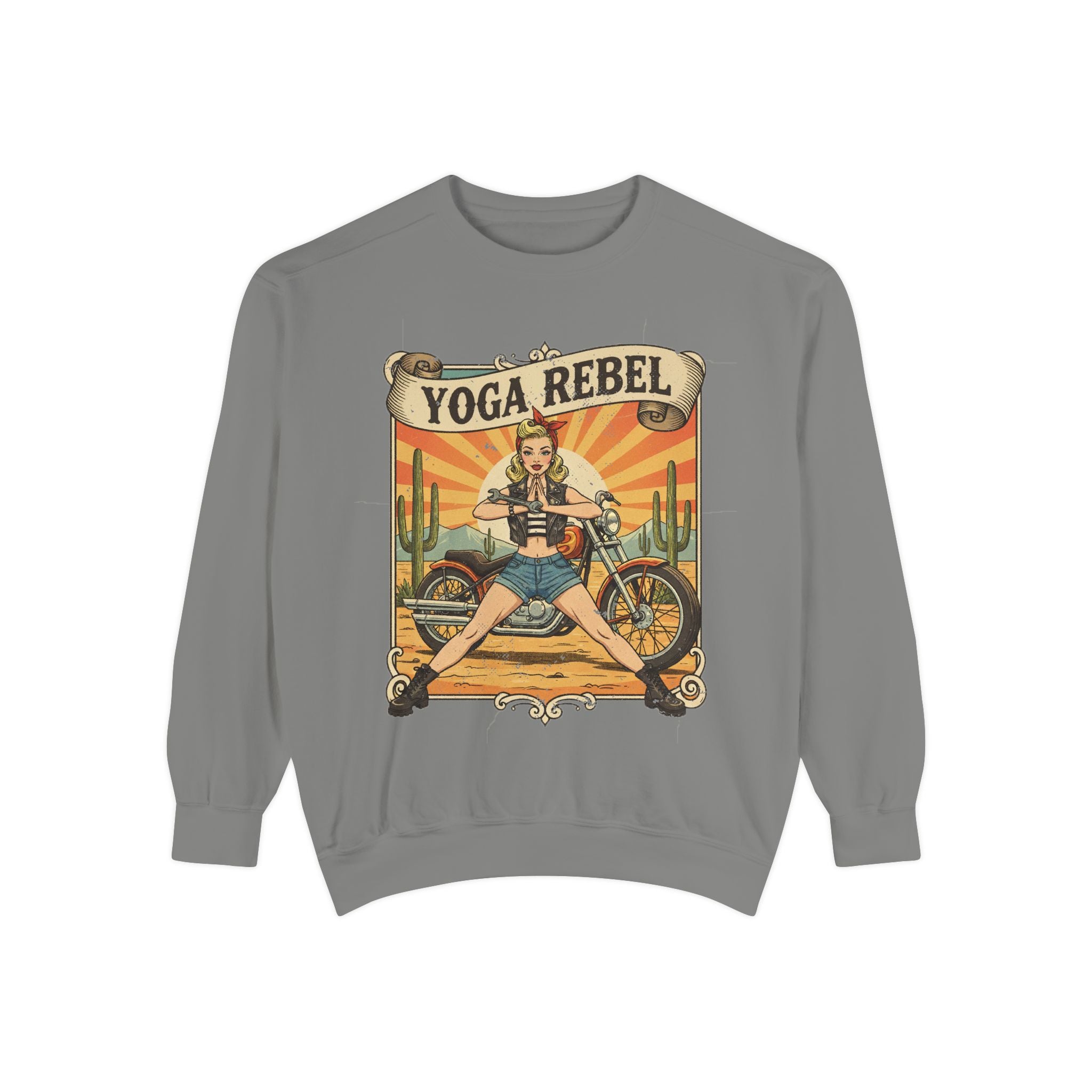 Yoga Rebel Retro Sweatshirt – Vintage Biker Girl Motorcycle Graphic Pullover