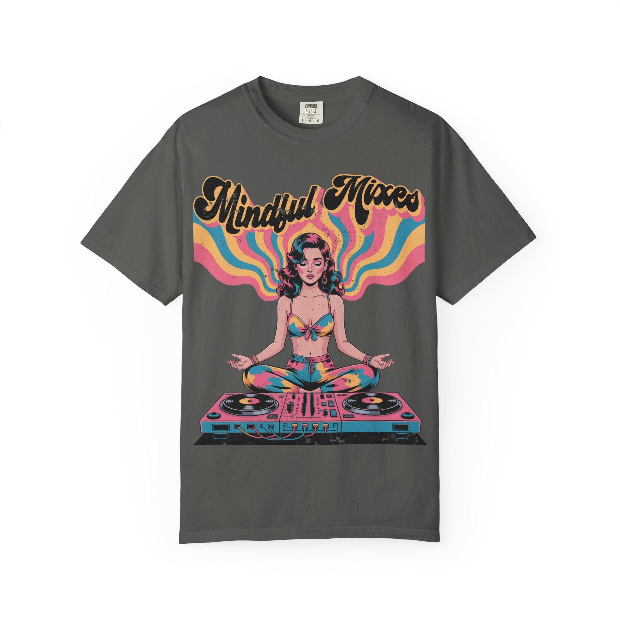 Mindful Mixes Retro DJ T-Shirt – Psychedelic Pinup Meditating Graphic Tee