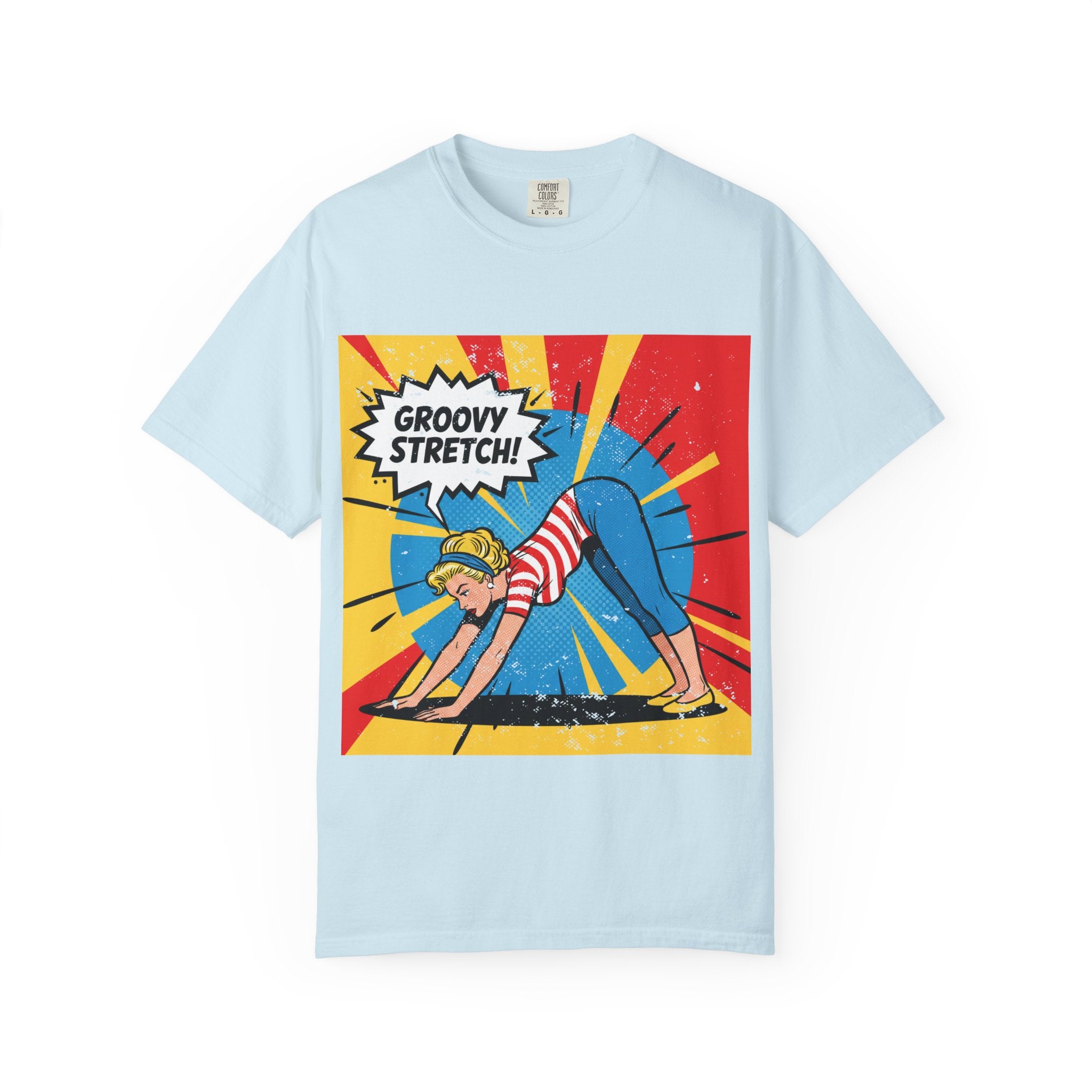 Retro Pop Art Yoga T-Shirt – Vintage Pinup Girl "Groovy Stretch" Graphic Tee
