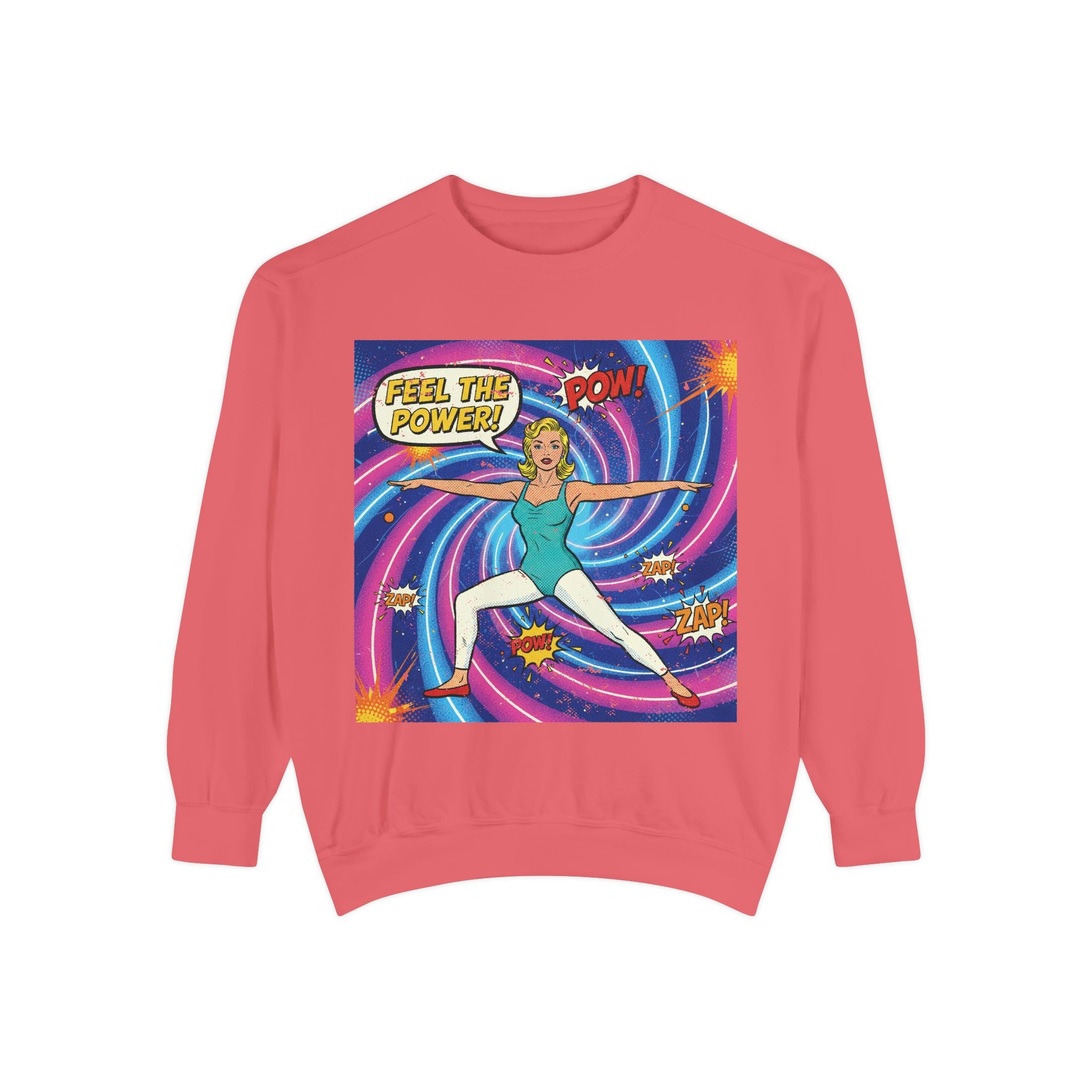 Retro Comic Yoga Sweatshirt – Vintage Pop Art Warrior Pose "Feel The Power" Pullover