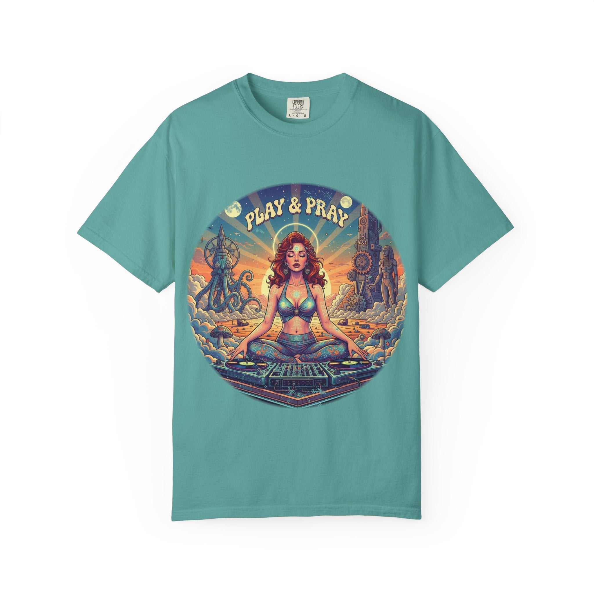 Play & Pray Vintage Pinup DJ Tee - Retro Spiritual Rave & Festival Graphic T-Shirt