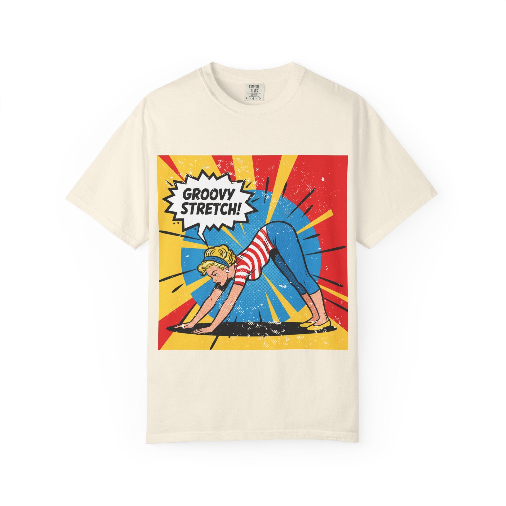 Retro Pop Art Yoga T-Shirt – Vintage Pinup Girl "Groovy Stretch" Graphic Tee