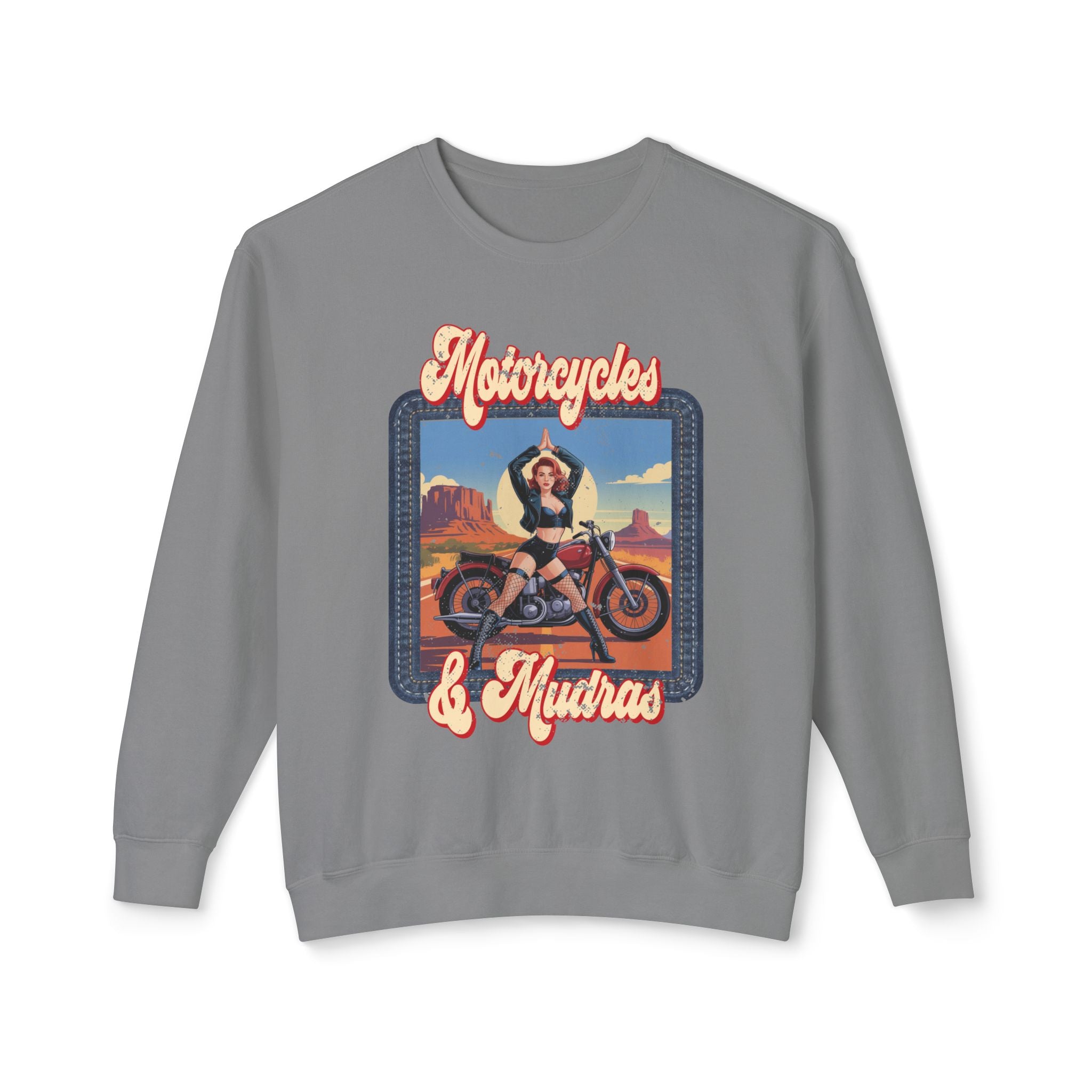 Motorcycles & Mudras Retro Sweatshirt – Vintage Biker Girl Yoga Graphic Pullover