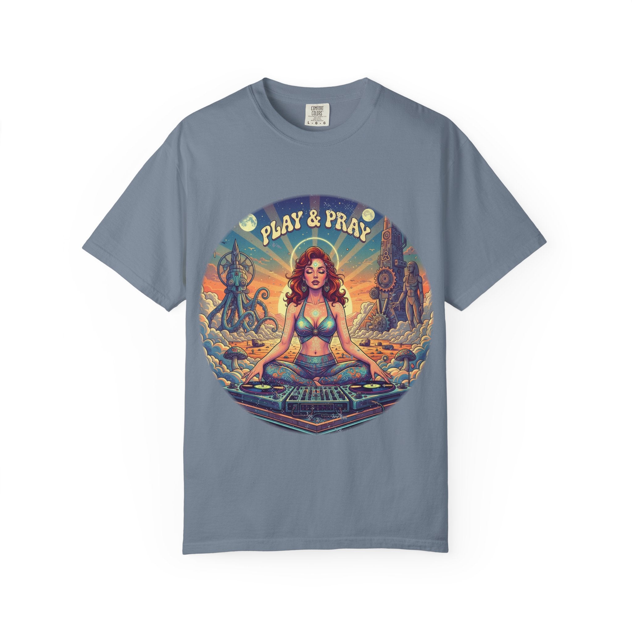 Play & Pray Vintage Pinup DJ Tee - Retro Spiritual Rave & Festival Graphic T-Shirt