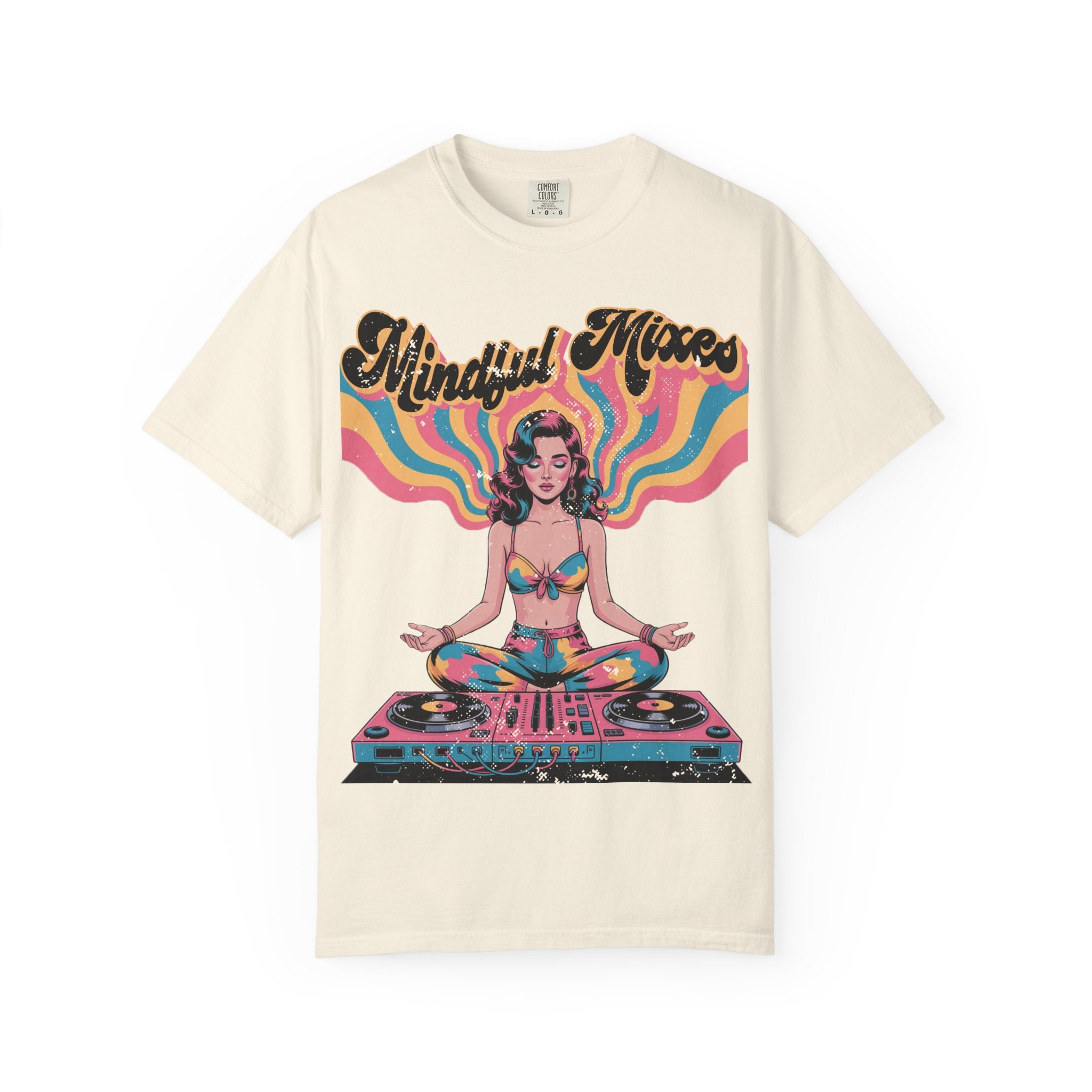 Mindful Mixes Retro DJ T-Shirt – Psychedelic Pinup Meditating Graphic Tee