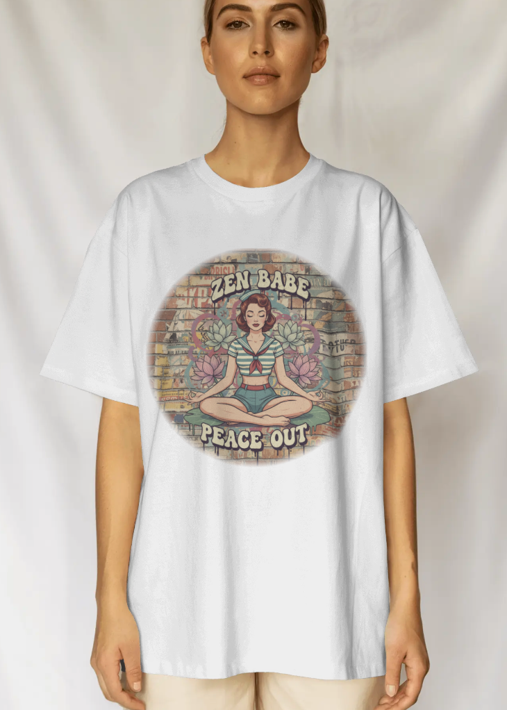 Person wearing a white t-shirt with 'Zen Babe Peace Out' graphic design on a plain background