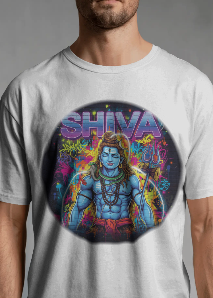 White t-shirt with a colorful 'Shiva' graphic design on a gray background