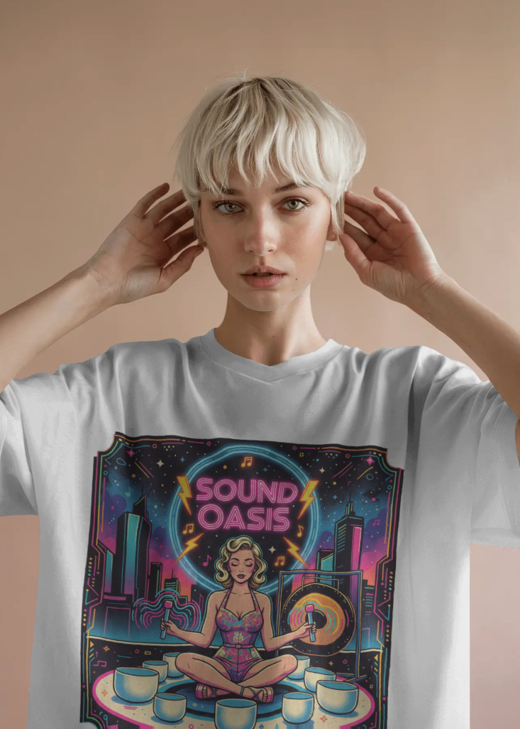 Person wearing a white t-shirt with a 'Sound Oasis' graphic design on a beige background