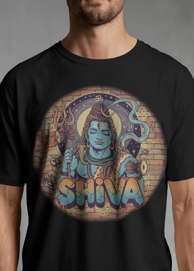 Black t-shirt with a colorful 'Shiva' graphic design on a gray background