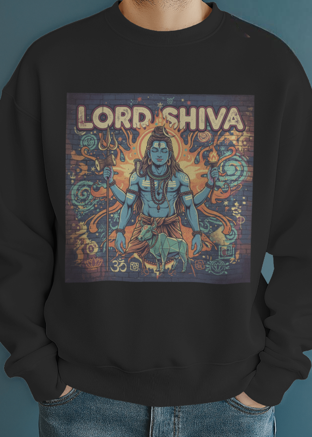 Black sweatshirt with 'Lord Shiva' graphic design on a blue background