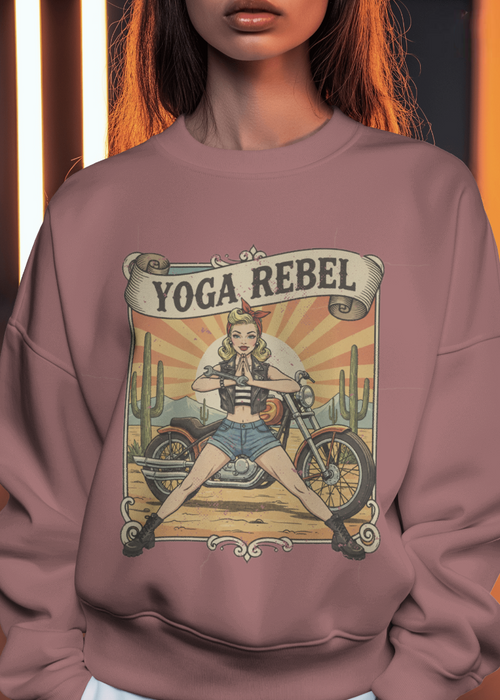 Person wearing a sweatshirt with 'Yoga Rebel' graphic design.