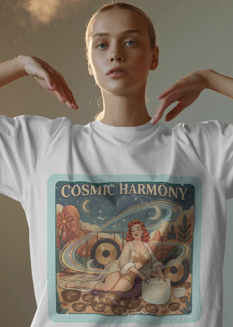 Person wearing a white t-shirt with 'Cosmic Harmony' graphic design.