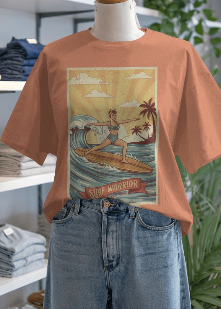 T-shirt with a 'Surf Warrior' graphic on a mannequin in a store setting