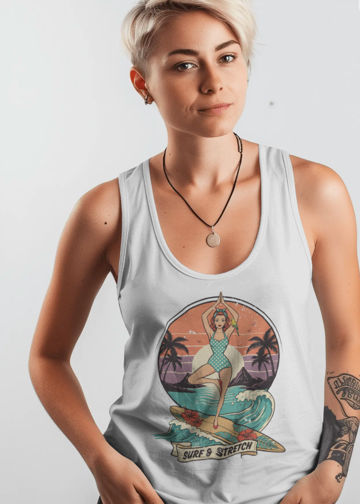 Person wearing a white tank top with a graphic design on a plain background