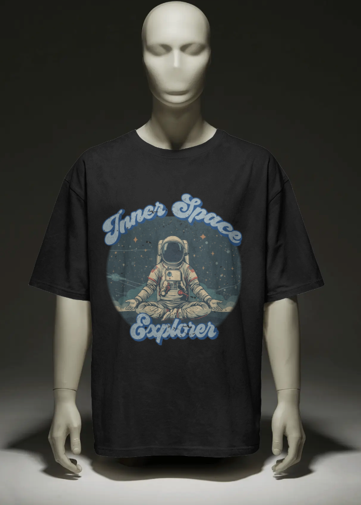 Mannequin wearing a black t-shirt with an astronaut graphic and 'Inner Space Explorer' text on a dark background.