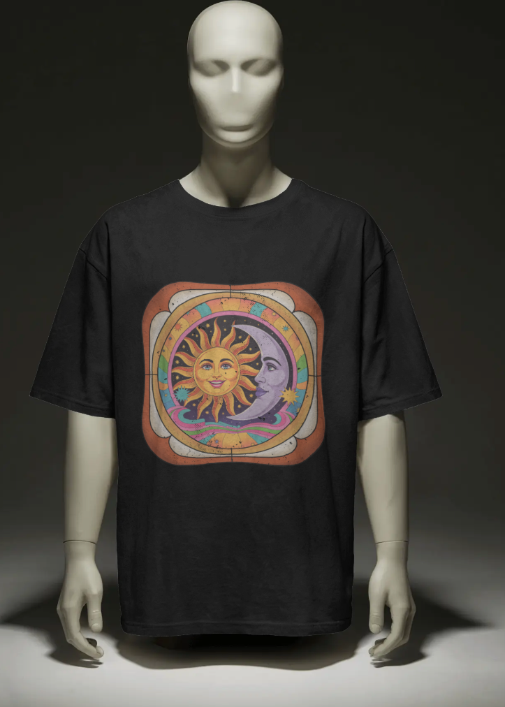 Black t-shirt with a colorful sun and moon graphic on a mannequin against a dark background