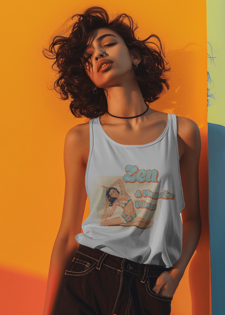 Woman wearing a white tank top with a graphic design against an orange background