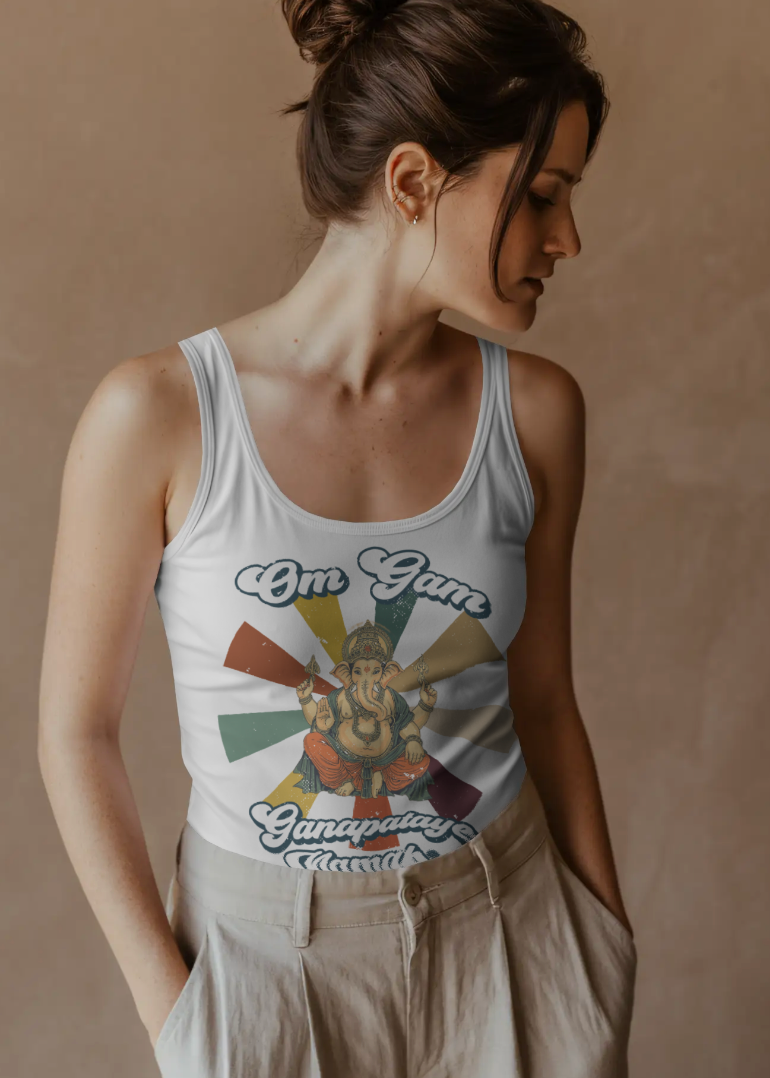 Woman wearing a white tank top with a colorful graphic design on a beige background