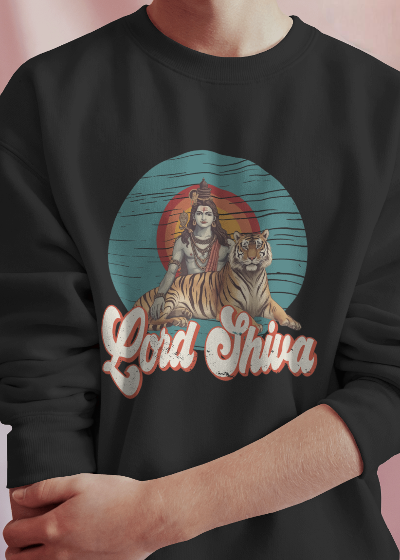 Black sweatshirt with 'Lord Shiva' design featuring a figure and tiger on a pink background