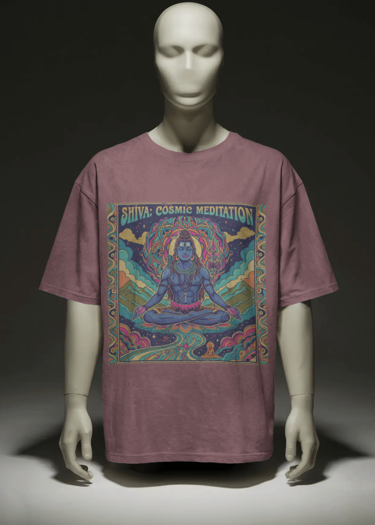 Mannequin wearing a purple t-shirt with a colorful graphic design on a dark background
