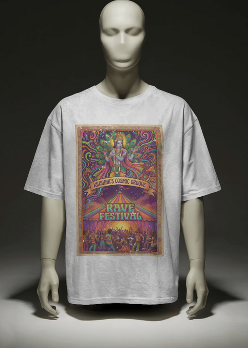 Mannequin wearing a t-shirt with a colorful graphic design on a dark background