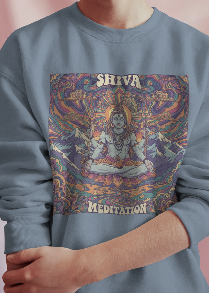 Gray sweatshirt with a colorful design of Shiva and 'Meditation' text on a pink background