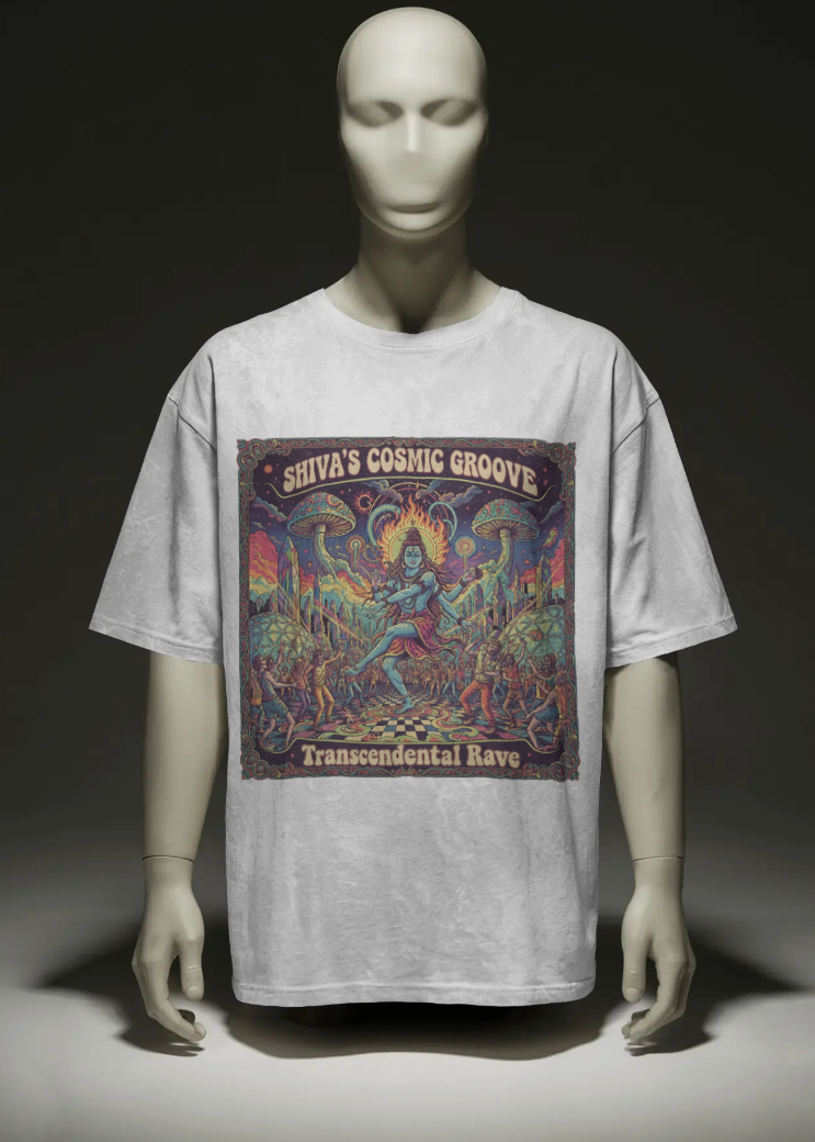 Mannequin wearing a t-shirt with 'Shiva's Cosmic Groove' design on a dark background