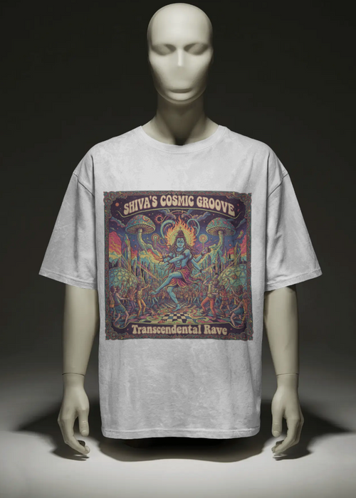 Mannequin wearing a t-shirt with 'Shiva's Cosmic Groove' design on a dark background