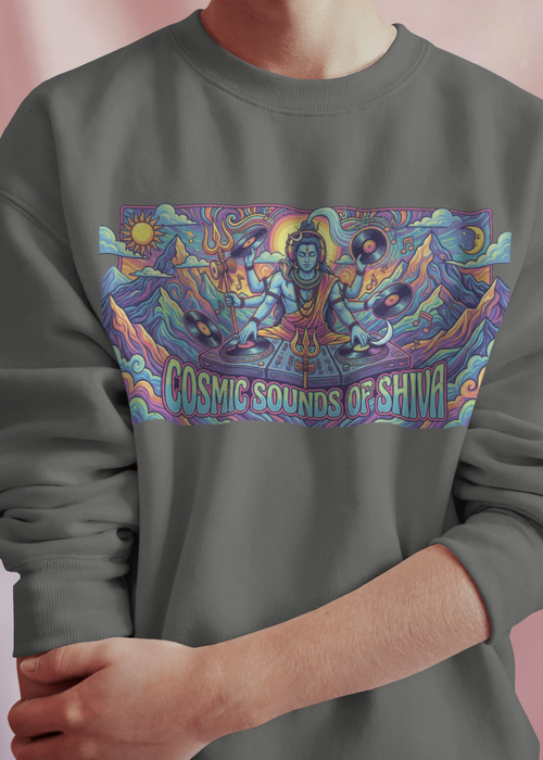 Gray sweatshirt with a colorful graphic and 'Cosmic Sounds of Shiva' text on a pink background