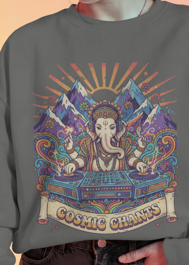 Gray sweatshirt with a colorful graphic design of a deity playing music equipment on a peach background