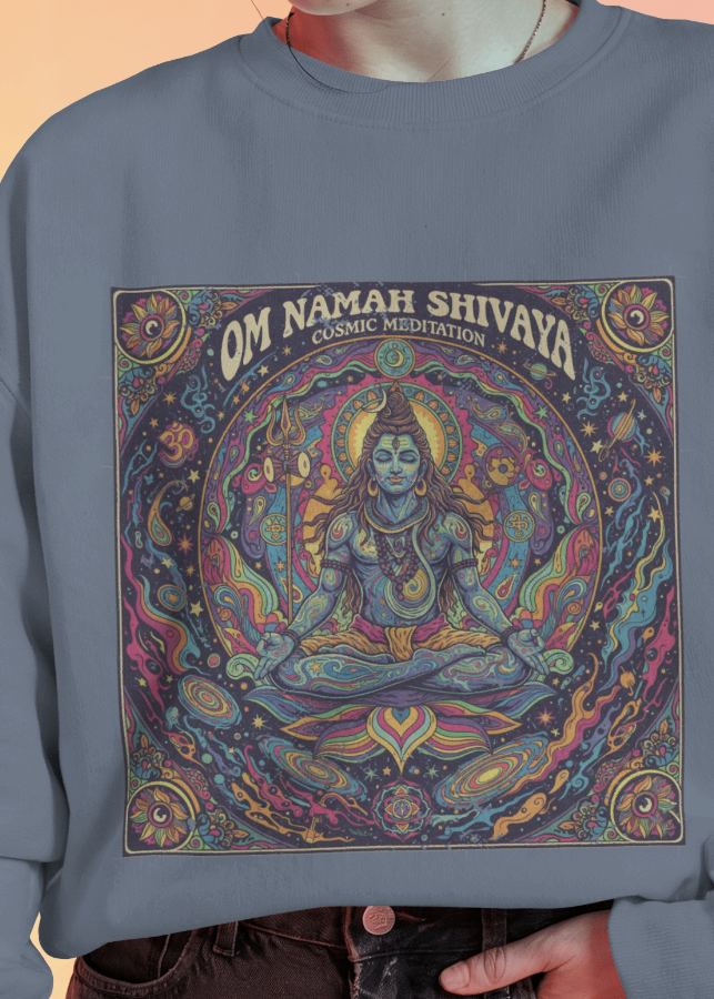 Gray sweatshirt with a colorful graphic design on a peach background