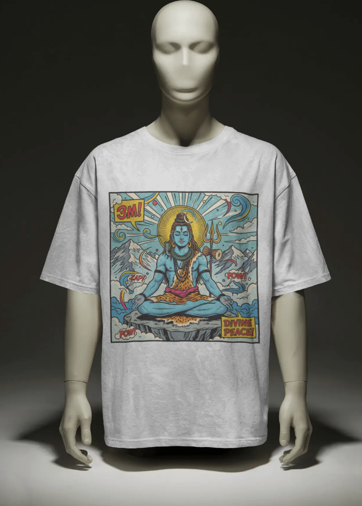 Mannequin wearing a gray t-shirt with a colorful graphic design on a dark background