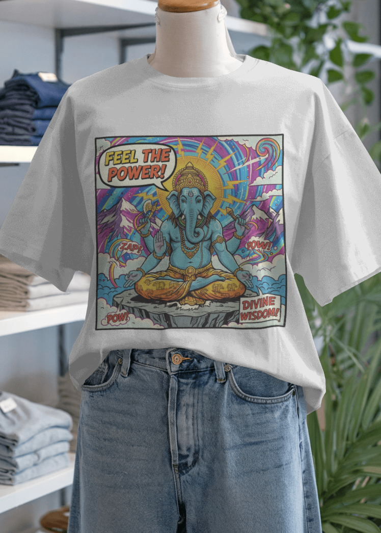 T-shirt with a colorful graphic design on a mannequin in a store setting