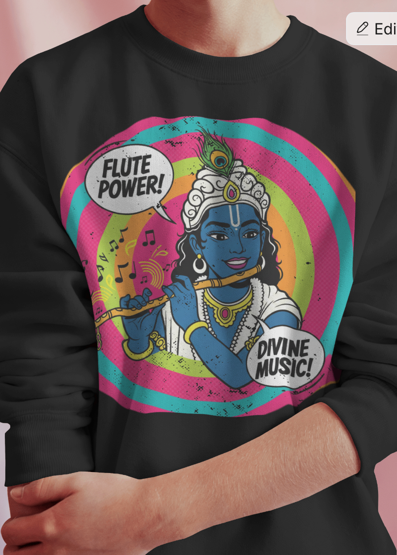 Black sweatshirt with a colorful graphic of a deity playing a flute and text 'Flute Power!' and 'Divine Music!'.