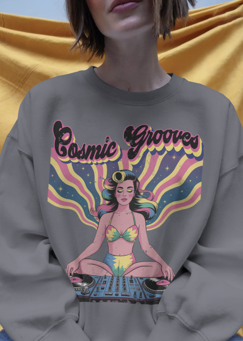 Person wearing a gray sweatshirt with 'Cosmic Grooves' design featuring a woman with colorful hair and rainbow patterns.