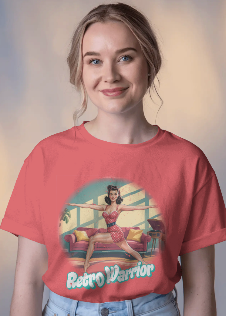 Person wearing a red t-shirt with a graphic design and text