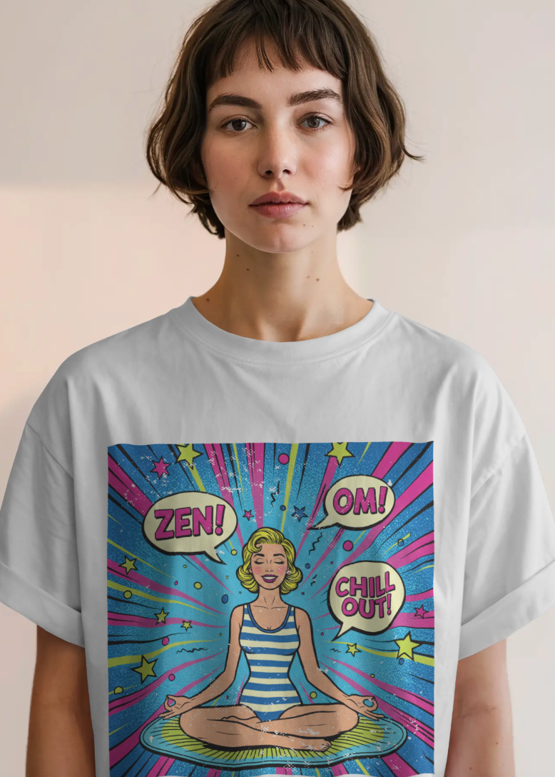 Person wearing a white t-shirt with a colorful graphic design featuring a meditating person and text bubbles.