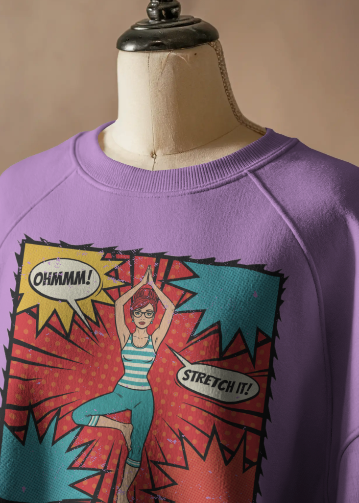 Purple sweatshirt with a graphic design of a person stretching on a mannequin against a beige background