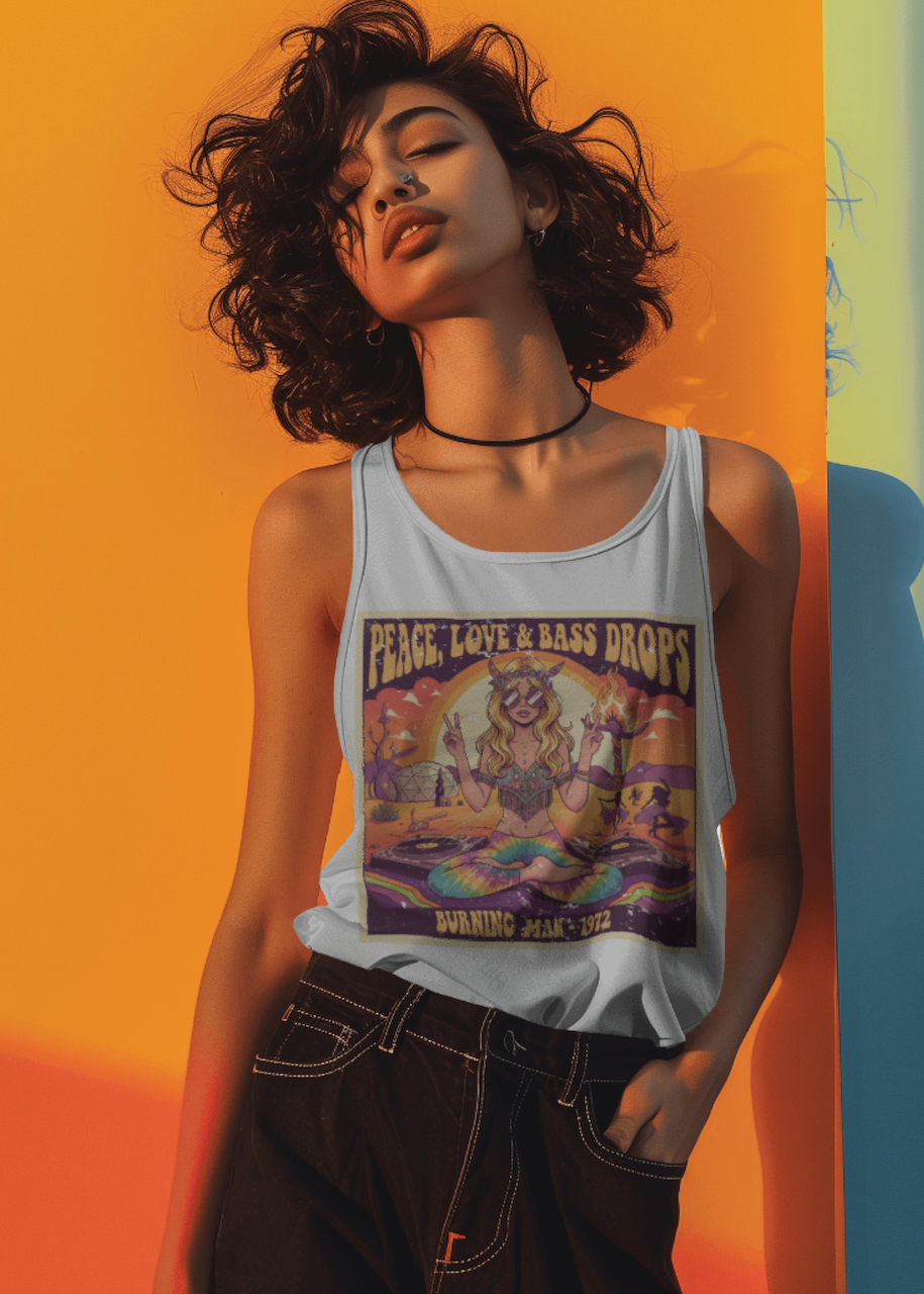 Woman wearing a tank top with a colorful graphic design against an orange background