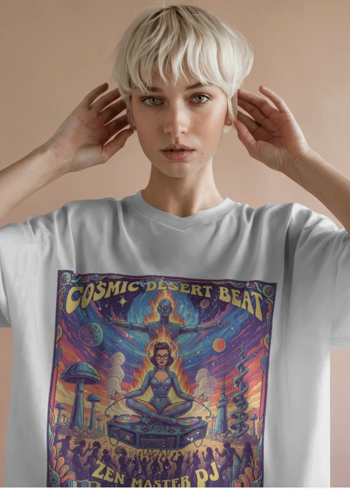 Person wearing a t-shirt with 'Cosmic Desert Beat' design on a beige background