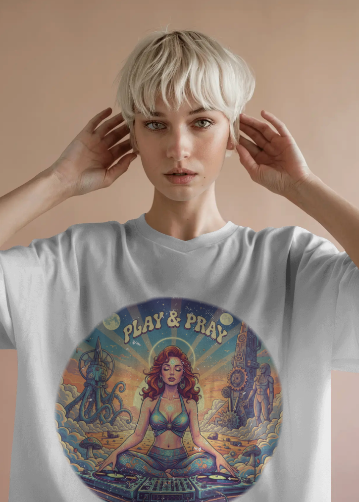 Person wearing a white t-shirt with a colorful graphic design featuring a mermaid and text.