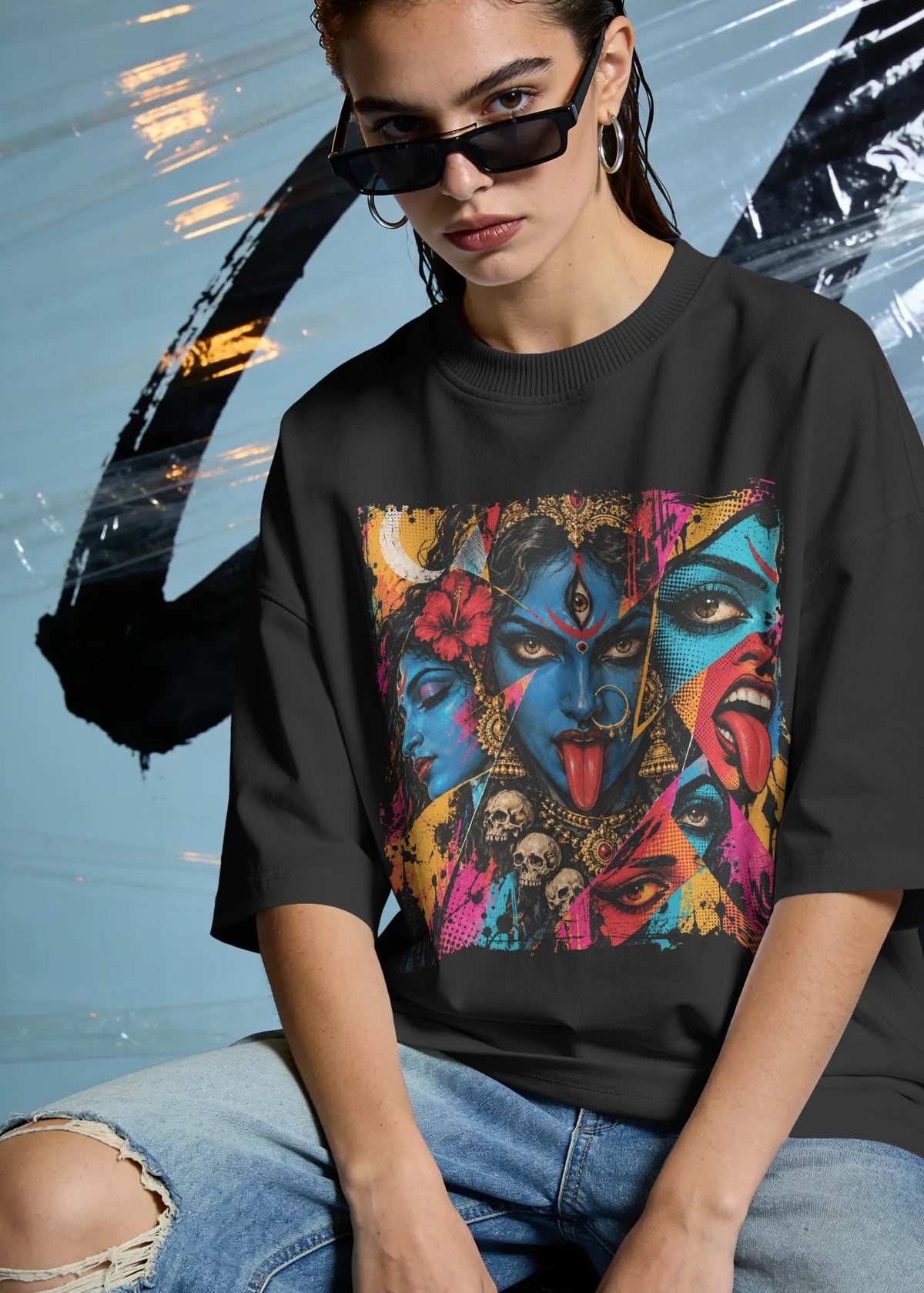 Maa Kali Neon Pop Art Oversized T-Shirt