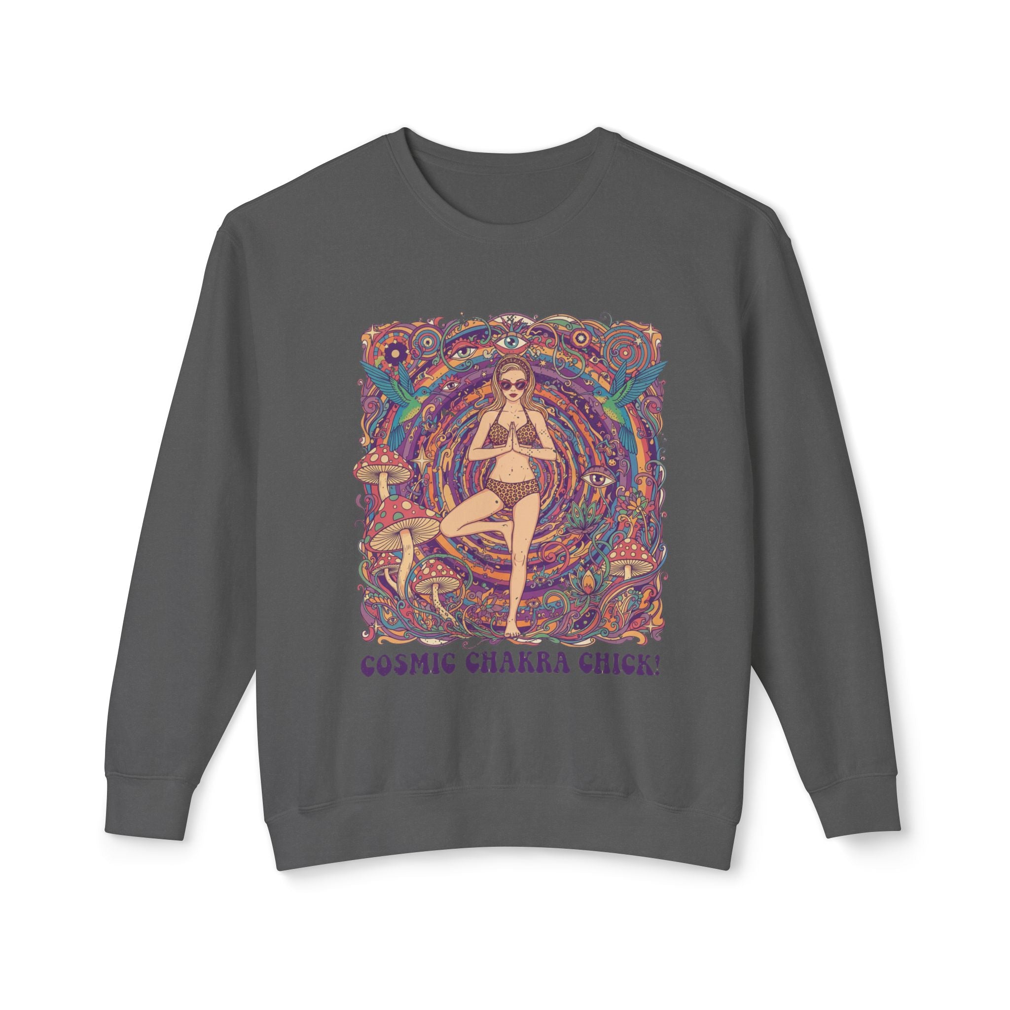 Cosmic Chakra Chill Psychedelic Sweatshirt – Retro Yoga Pinup & Mushroom Art Pullover