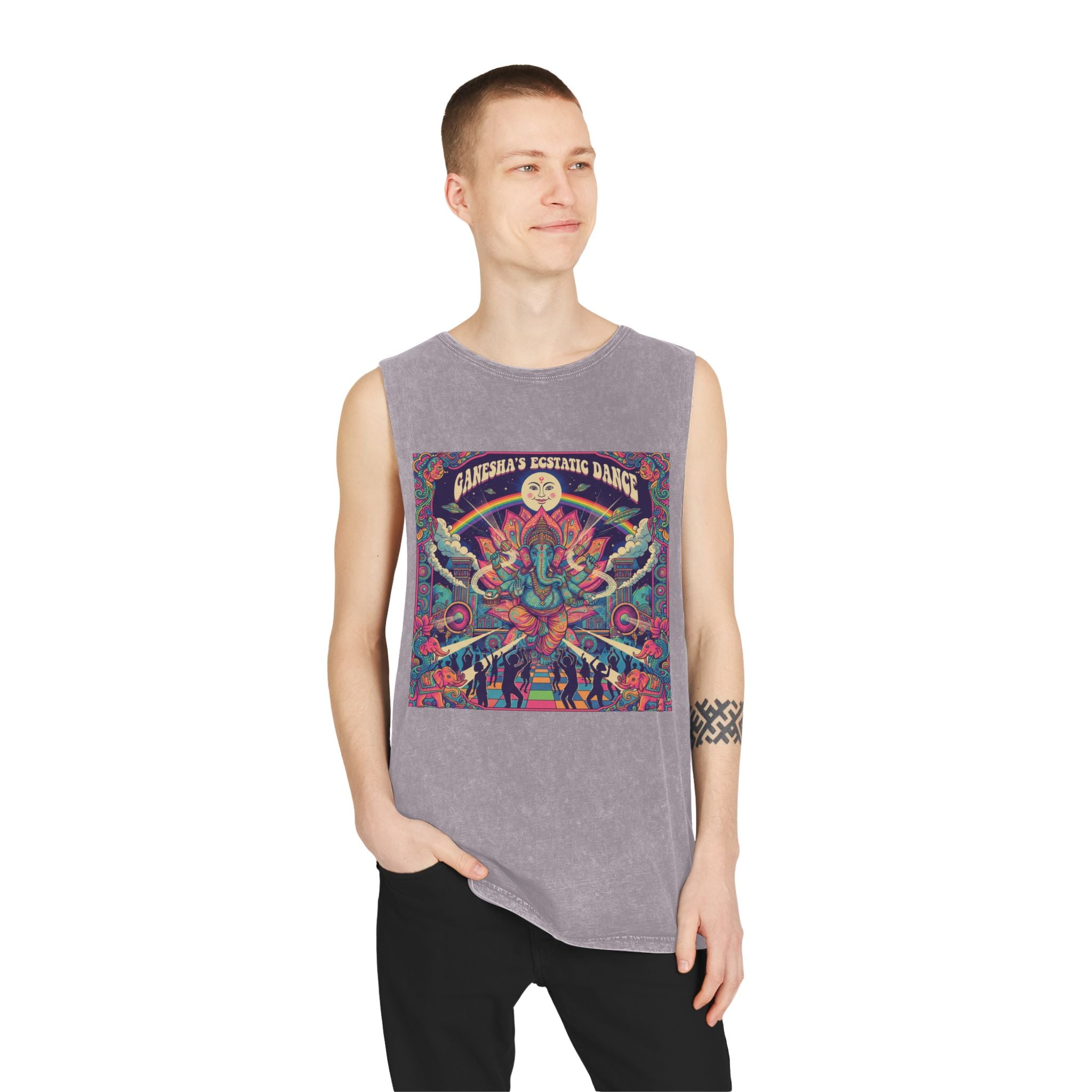 Ganesha’s Ecstatic Dance Stonewashed Tank Top – Psychedelic Festival Rave Graphic Tee