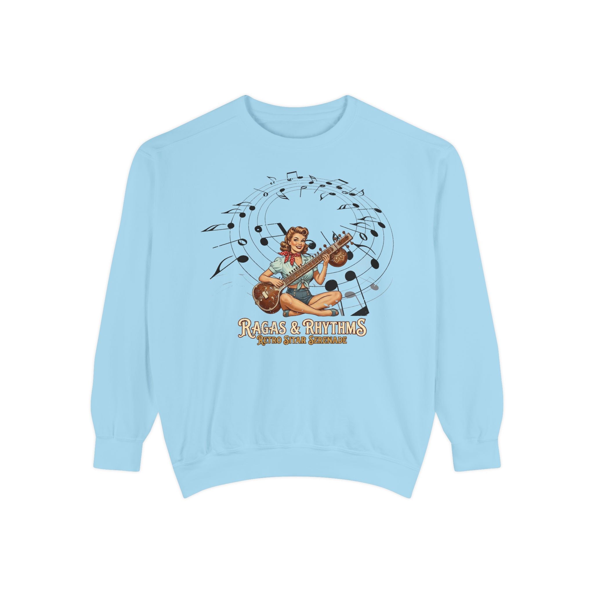 Ragas & Rhythms Retro Sweatshirt – Vintage Sitar Serenade Graphic Pullover
