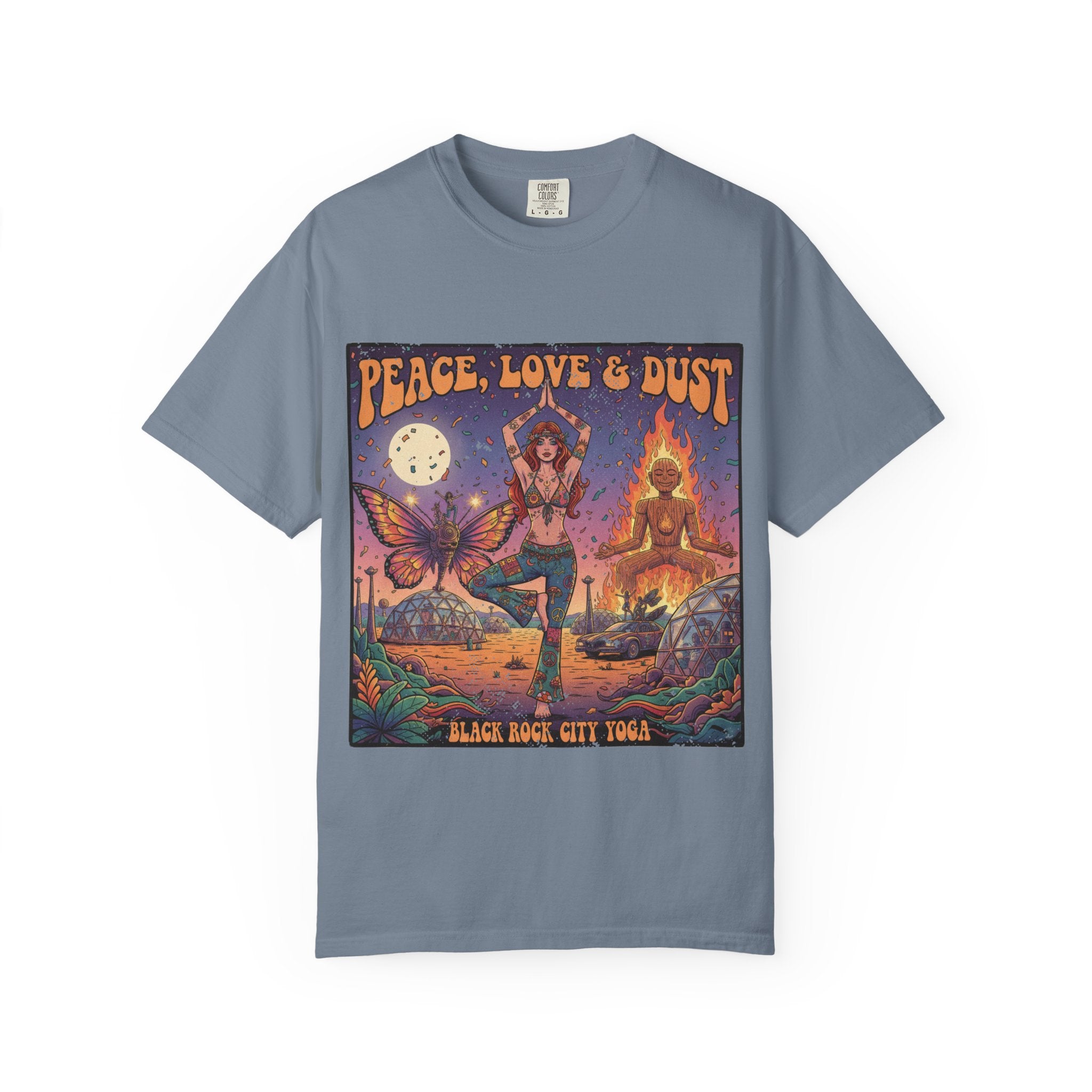 Peace Love & Dust Black Rock City Yoga T-Shirt - Vintage Festival Pinup Graphic Tee